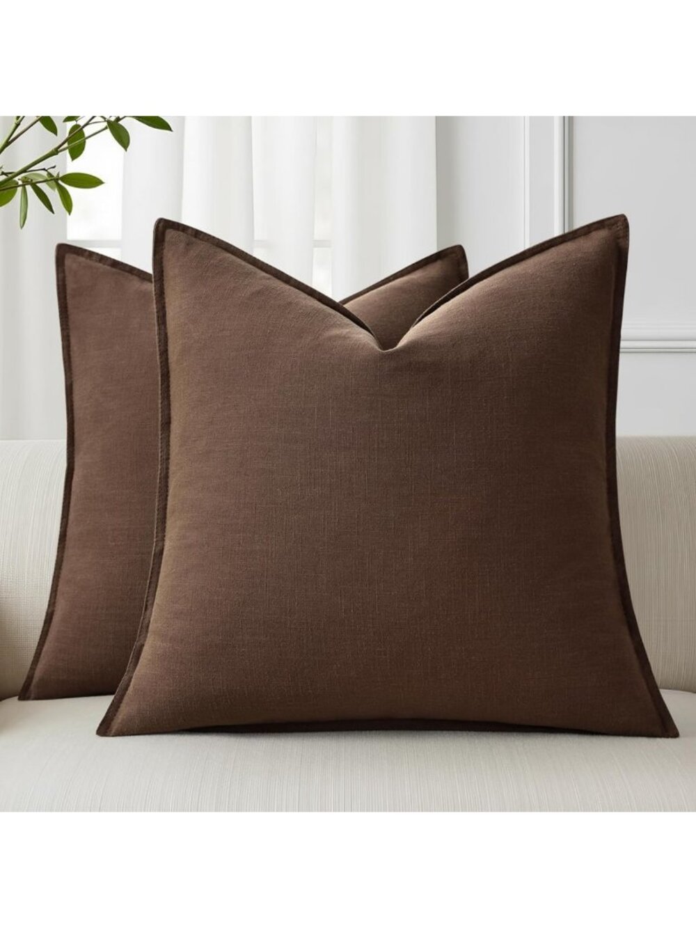 Set of 2 Soft Linen Euro Sham Pillow Covers 26x26 - Chocolate Farmhouse Boho
